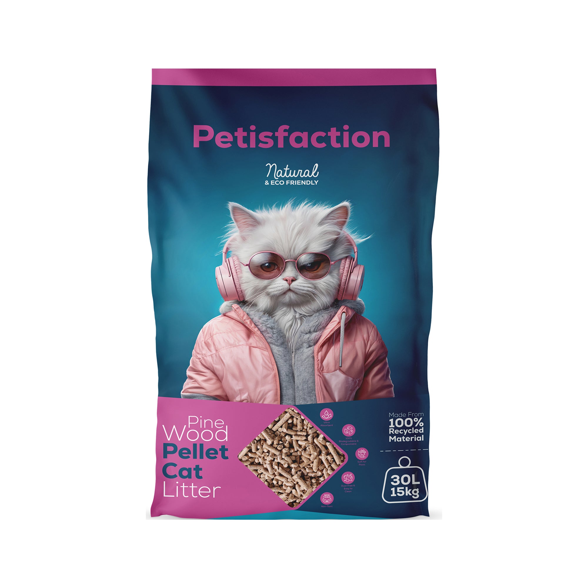 Petisfaction 30L Pine Wood Pellets Cat Litter Ultra Absorbent Biodegradable Antibacterial Premium Hygiene Odour Control Eco Friendly